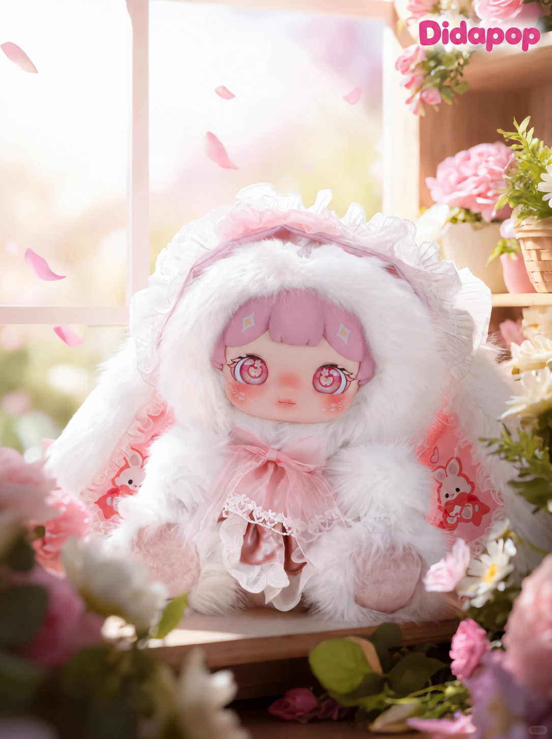 Pink and white DARLYM Dreamweave Grove plush with long rabbit ears and a ribbon, with the DidaPop logo in the upper-right corner