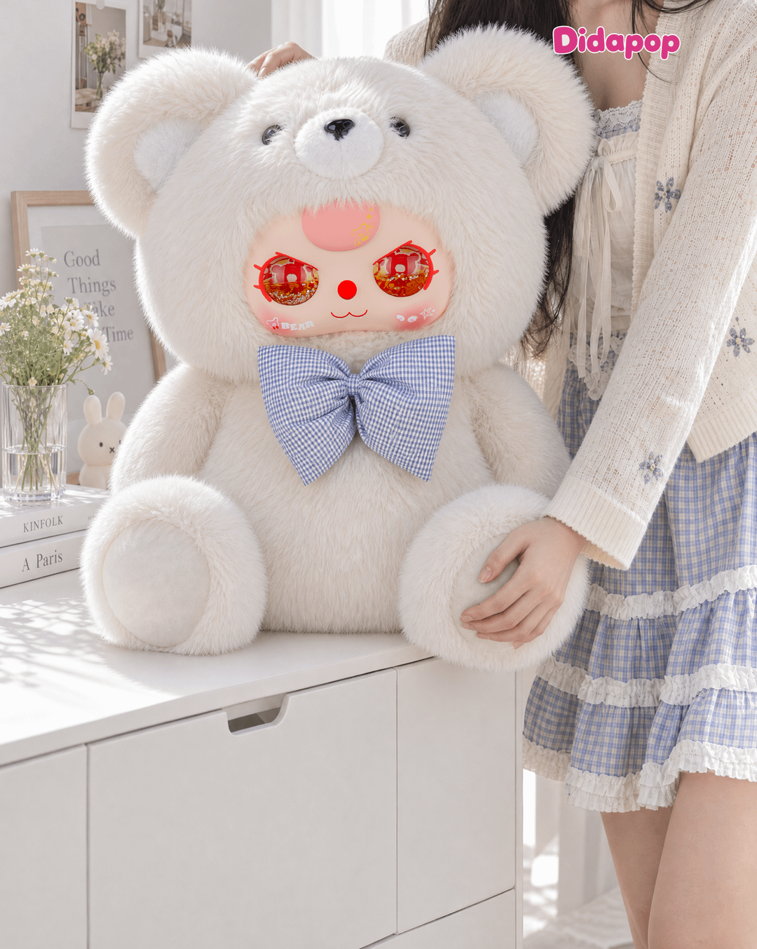 White Baby Three Abebe Big Bear 1000% plush with blue gingham bow