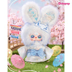 Blue Baby Three Japan 400% plush wearing a floral kimono, blue bow and fox mask beside cherry blossoms