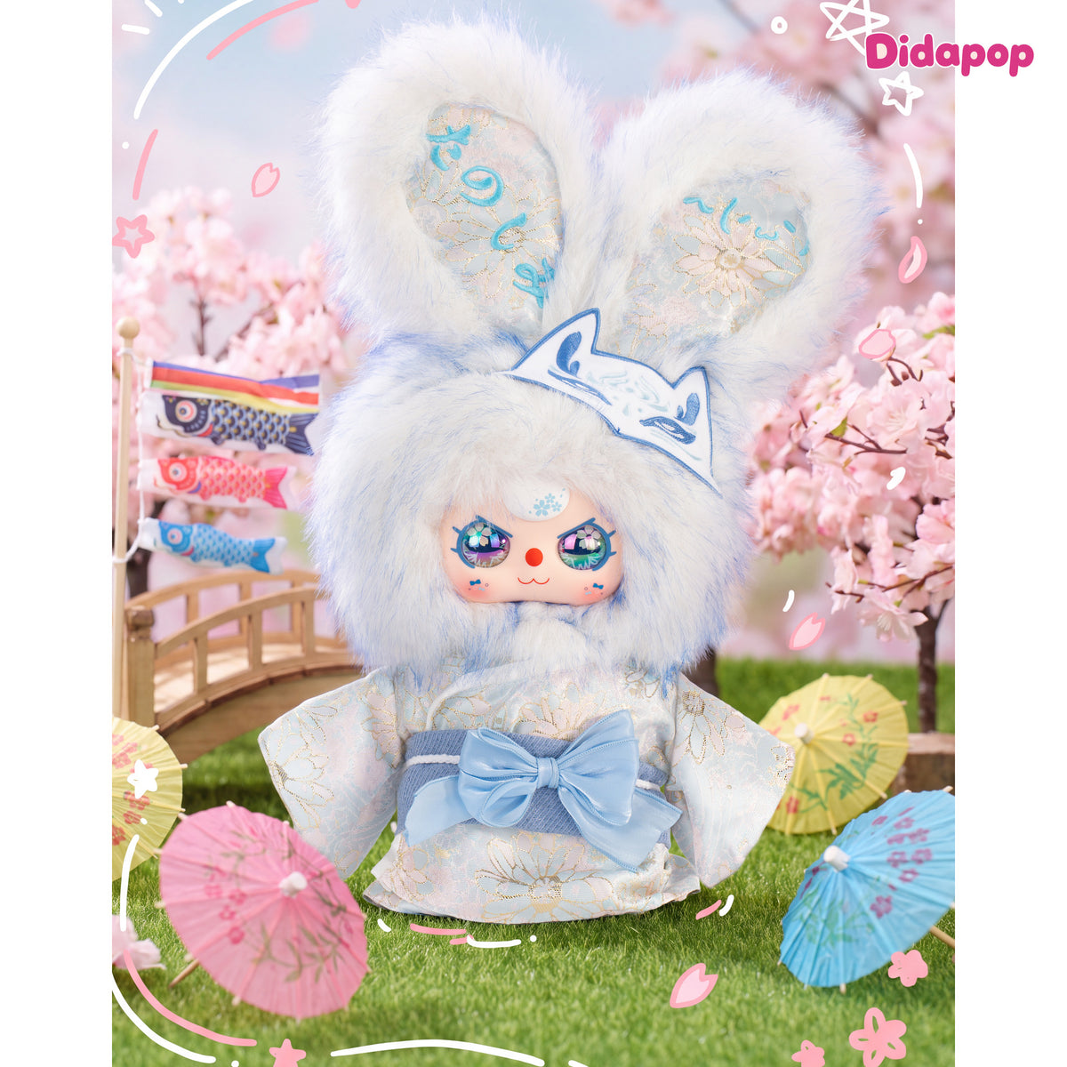 Blue Baby Three Japan 400% plush wearing a floral kimono, blue bow and fox mask beside cherry blossoms