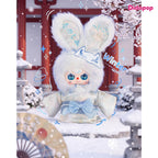 Baby Three Japan 400% blue bunny plush with embroidered ears, kimono and fox mask in a snowy scene