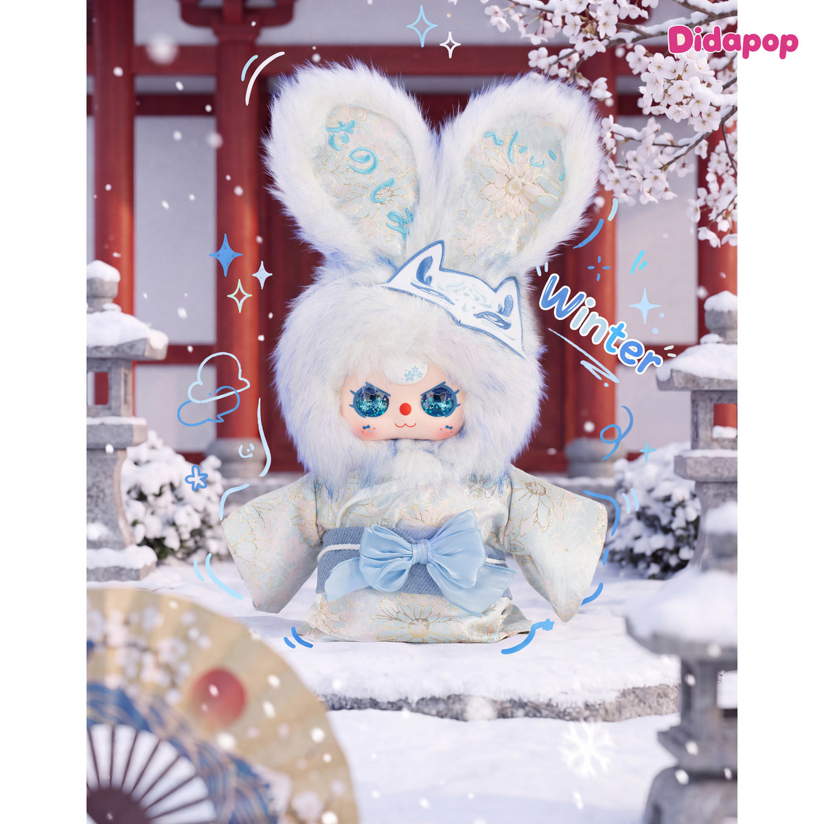 Baby Three Japan 400% blue bunny plush with embroidered ears, kimono and fox mask in a snowy scene