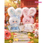 Blue and pink Baby Three Japan 400% limited kimono plush dolls displayed side by side in an autumn scene