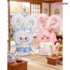 Baby Three Japan 400% limited plush in blue and pink kimono outfits displayed together