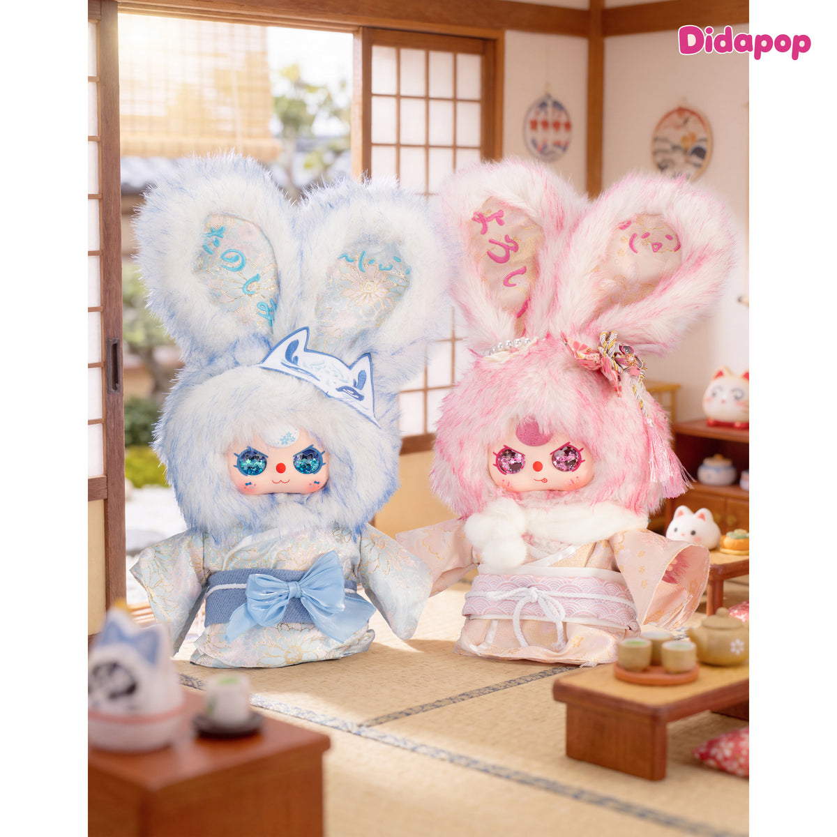 Baby Three Japan 400% limited plush in blue and pink kimono outfits displayed together